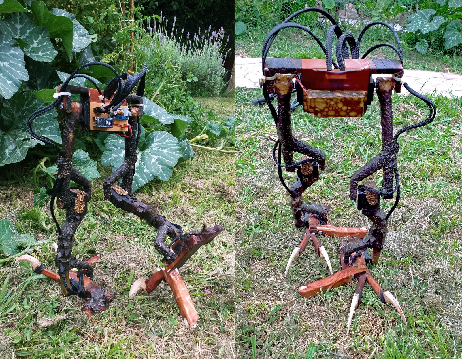 Robot Obra Robot bipedo con patas de ave y piernas troncosas e iregulares. Cableado expuesto