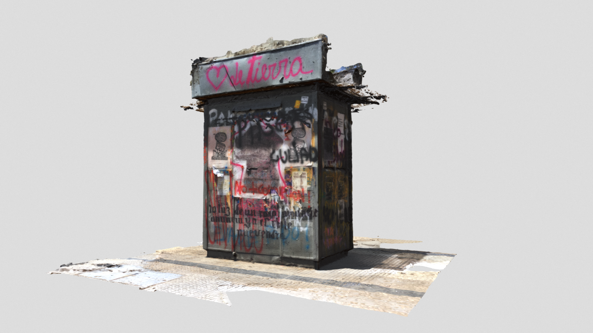 Imagen 3D de un kiosko grafiteado.