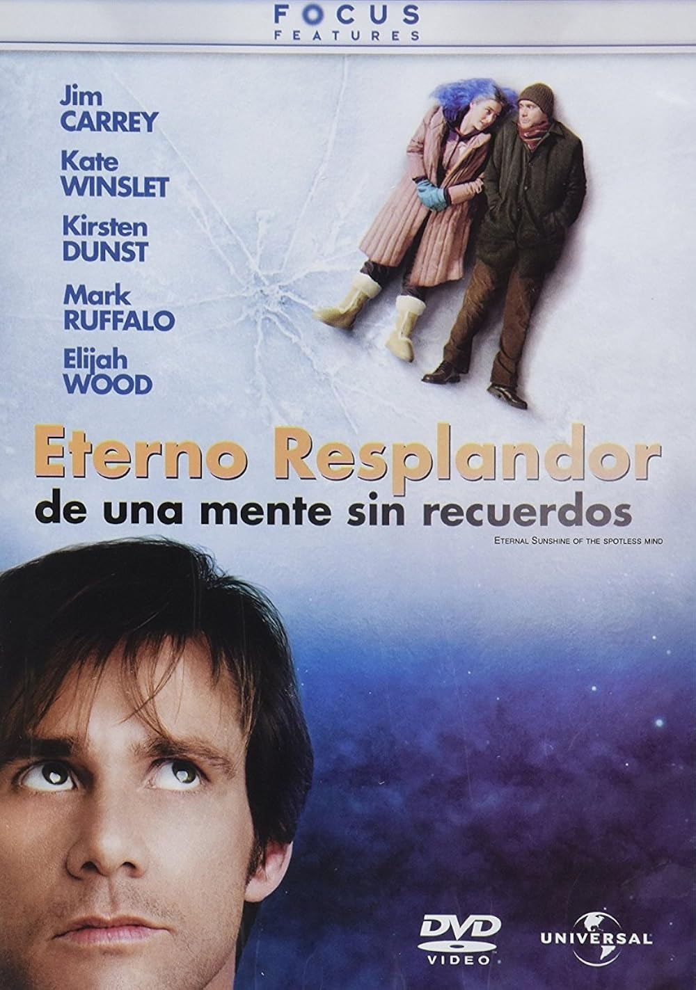 Portada de "Eterno Resplandor de una Mente sin Recuerdos". Muestra a un hombre pensativo abajo, y a una pareja en el hielo arriba, creando un ambiente reflexivo.