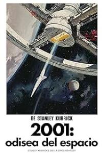 Una estación espacial futurista orbita una luna con un fondo estrellado. Debajo, el texto en negrita dice "2001: Odisea del espacio" de Stanley Kubrick.