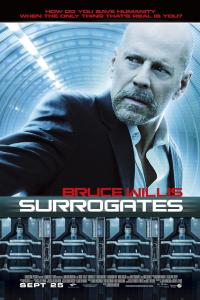Póster de la película "Surrogates" con Bruce Willis con traje y figuras robóticas alineadas debajo.