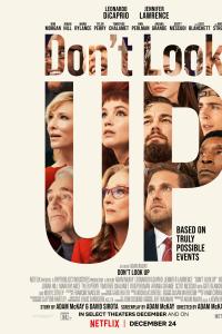 Afiche de la película "Don't Look Up" que muestra los rostros del elenco principal dispuestos dentro de un texto grande.