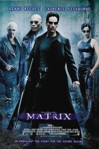 El poster futurista de "Matrix" presenta cuatro personajes serios vestidos de cuero y con gafas de sol, sobre un fondo de lluvia digital, lo que transmite suspenso.