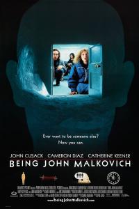 Poster de la película "Being John Malkovich" muestra la silueta de una cabeza sombría con una pequeña puerta que revela a tres personas que parecen curiosas y sorprendidas.